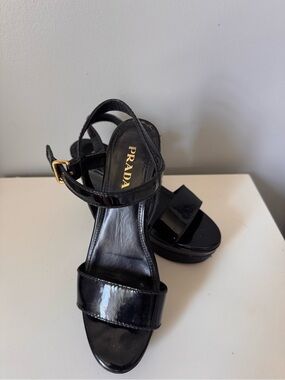 Prada Black Patent Leather Platform Heels with Gold Buckle